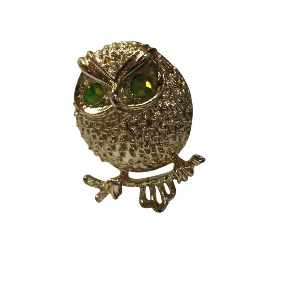 Vintage Gold-Tone Owl Brooch With Green Rhinestone Eyes By Sarah Coventry